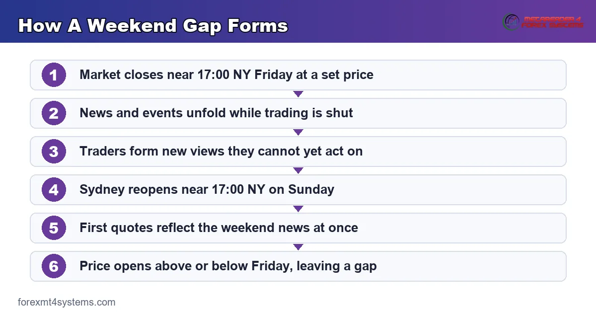 how a weekend gap forms from the Friday close through weekend news to the Sunday open