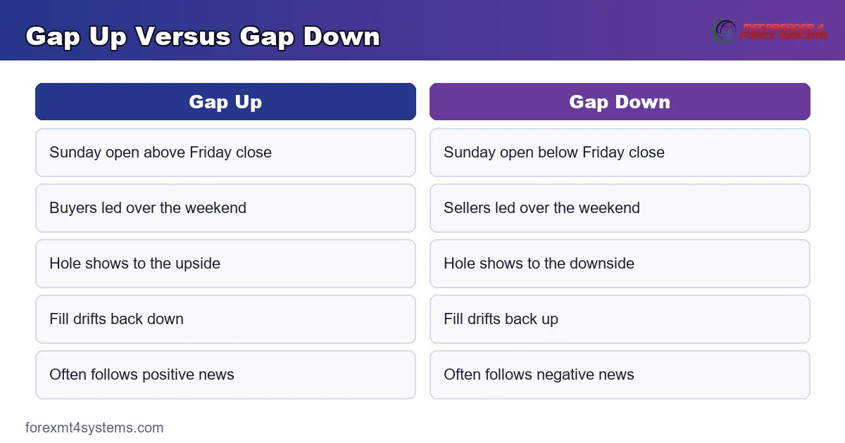 gap up versus gap down at the Sunday open compared by direction and cause