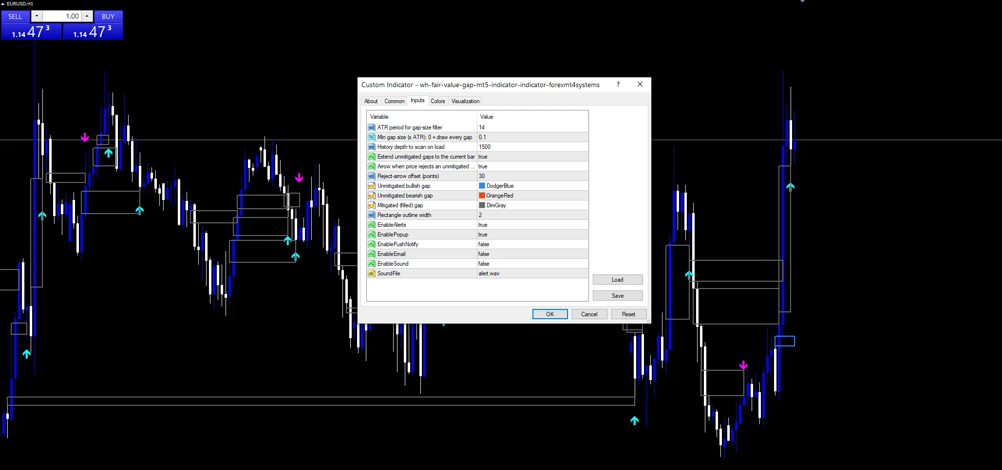 Wh Fair Value Gap Mt5 Indicator - indicator inputs and settings panel