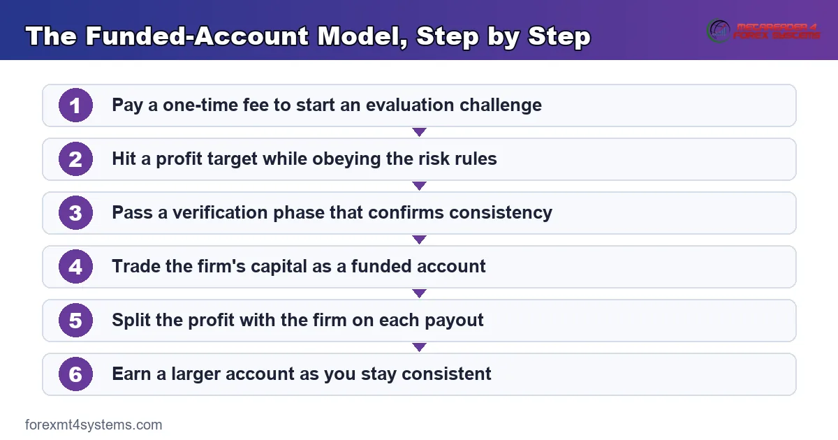 the funded-account model from evaluation challenge through funded trading and profit split