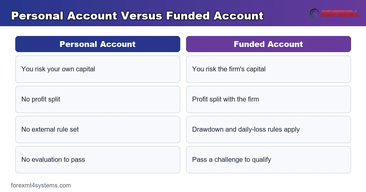personal account versus funded account compared by capital, profit split, and risk rules