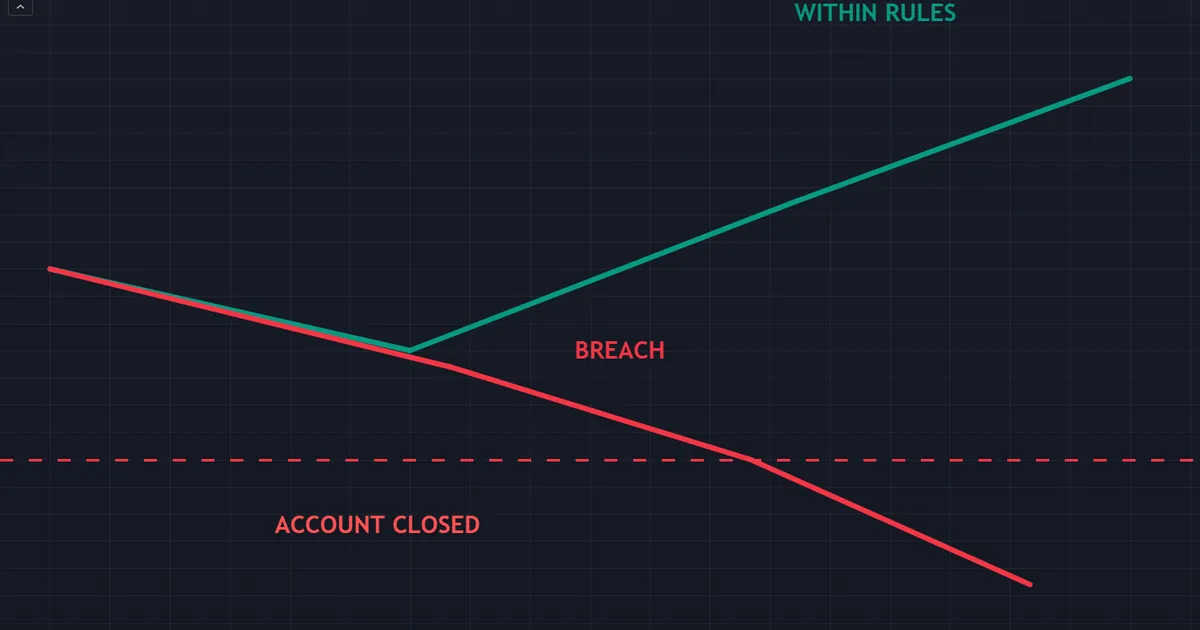 prop firm pitfall - an equity path piercing the max drawdown floor and closing the funded account