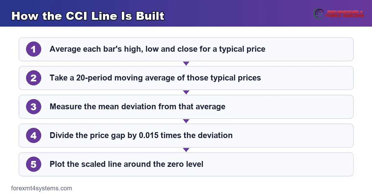 Flow diagram of the CCI calculation from typical price to the scaled line around zero