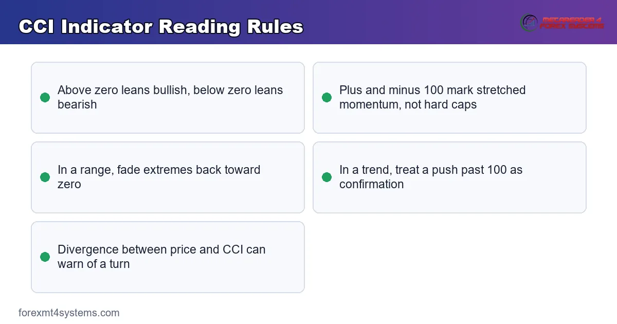 CCI indicator reading rules paired with the common overbought and oversold trading traps