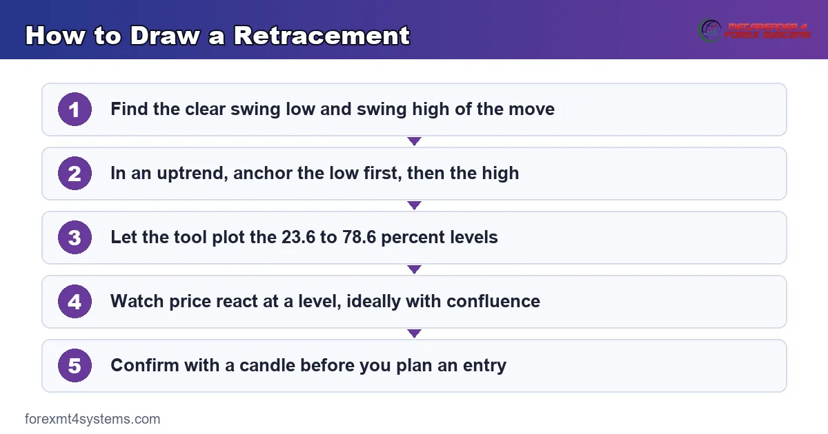 fibonacci retracement levels - 23.6, 38.2, 50, 61.8, and 78.6 percent stacked between two swing points
