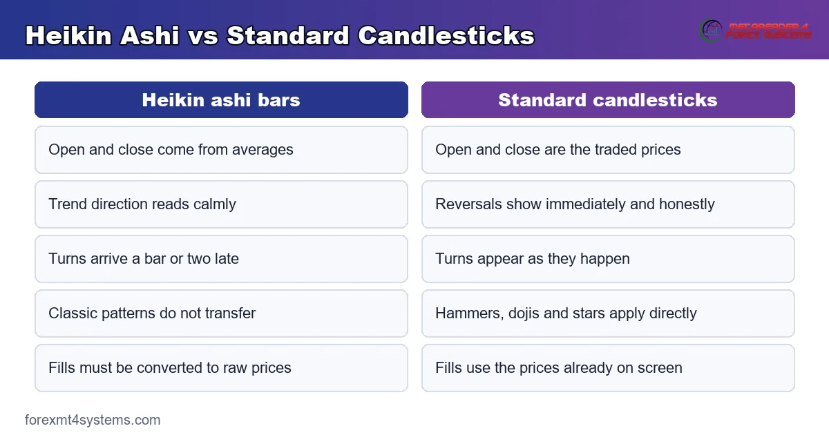 comparison panel setting heikin ashi bars against standard candlesticks on precision and lag