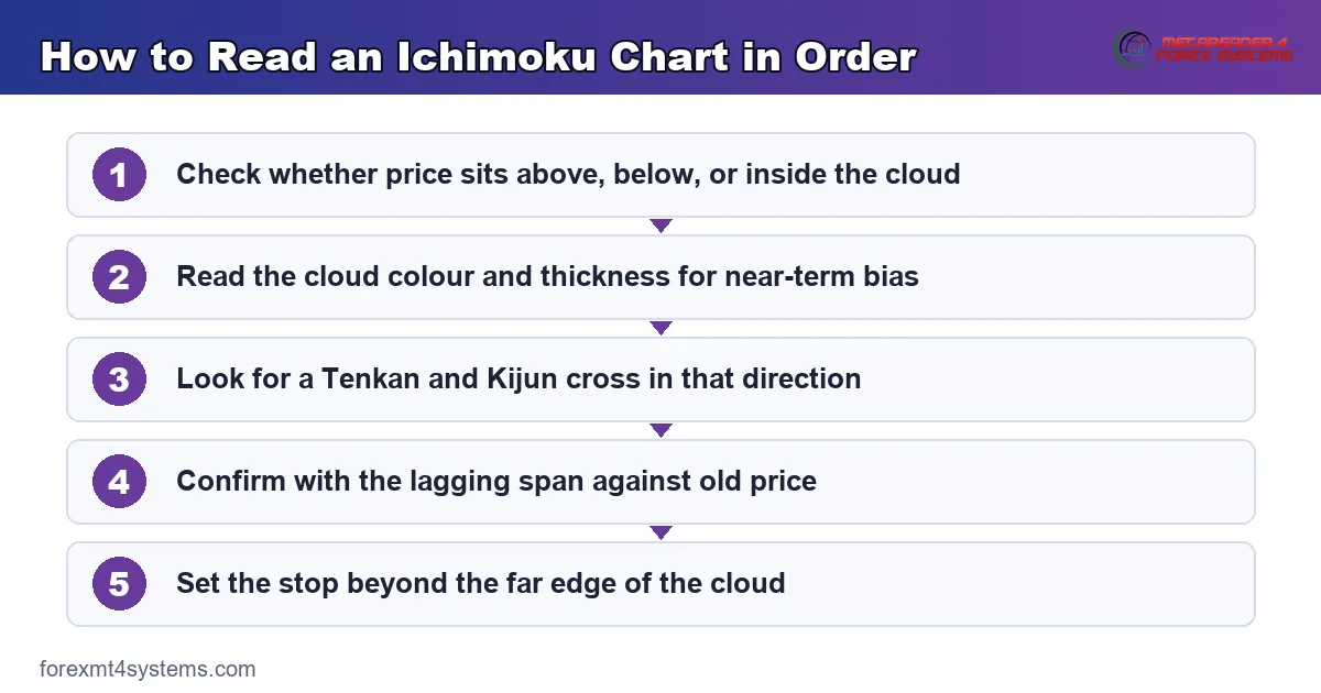 Ichimoku parts - conversion and base lines, two leading spans forming the cloud, plus the lagging span