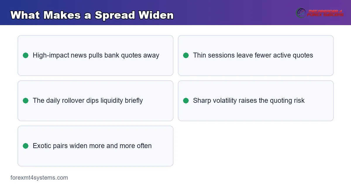four causes of a widening spread - news, thin liquidity, rollover and volatility