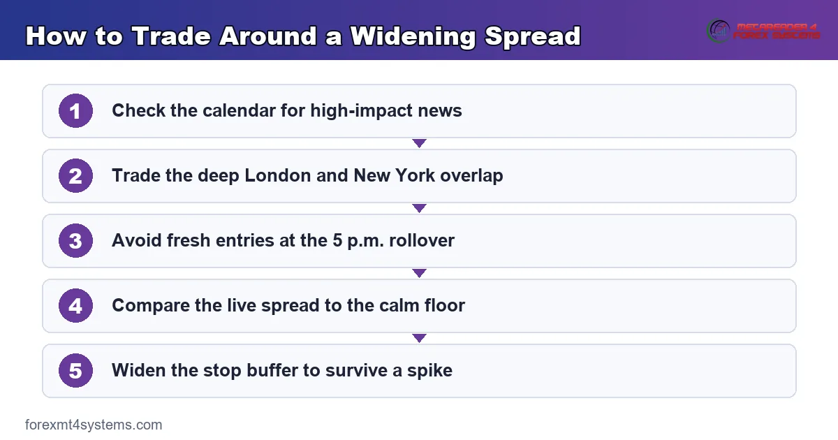 how to trade around a widening spread - check the calendar, trade the overlap and widen the stop buffer