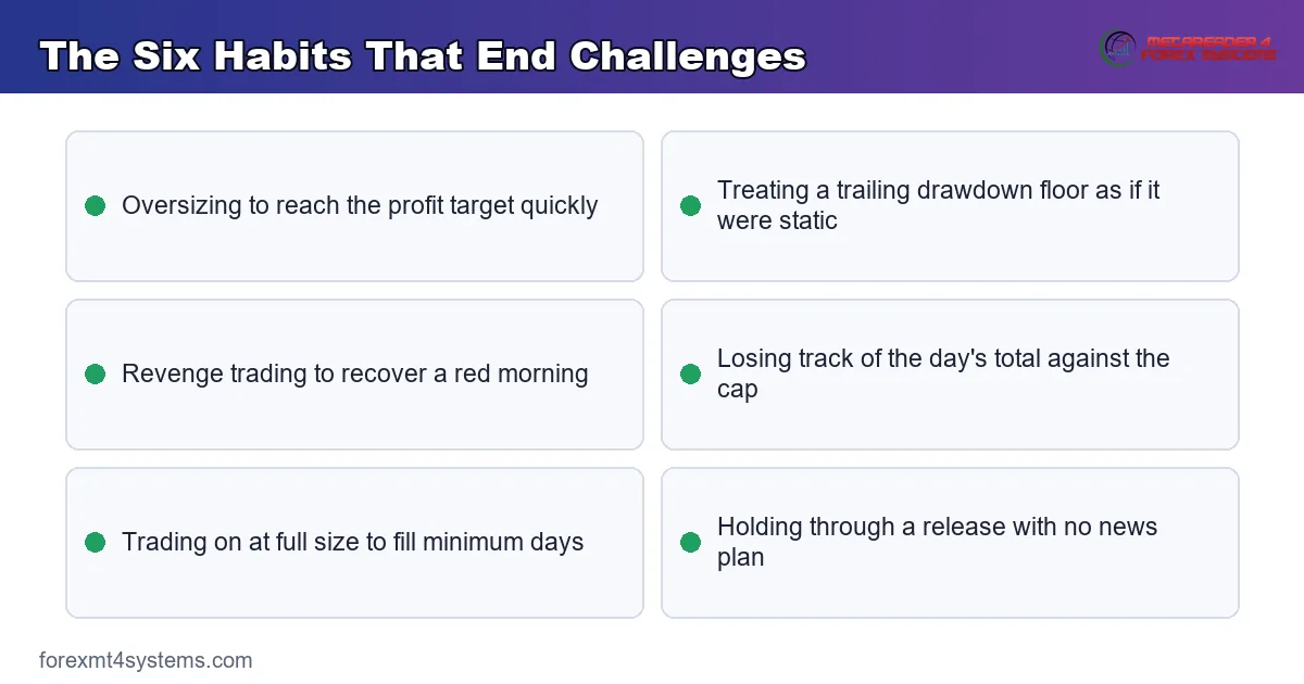 the six habits that end prop challenges, from oversizing to trading through news without a plan