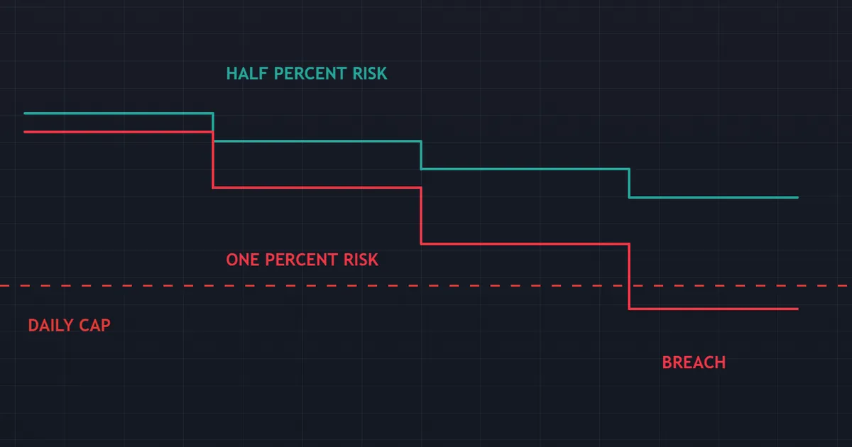 sizing comparison - two equity curves take the same losing streak at different risk per trade