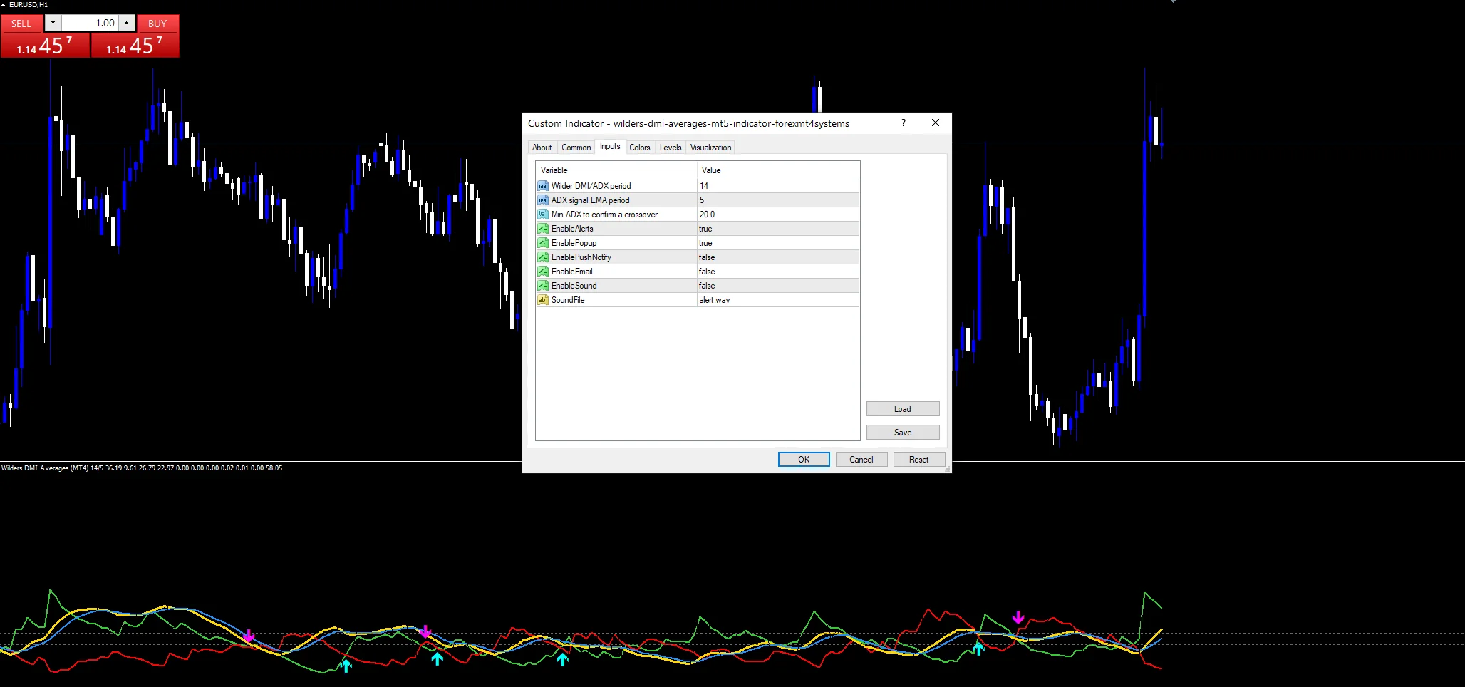 Wilders Dmi Averages Mt5 - indicator inputs and settings panel