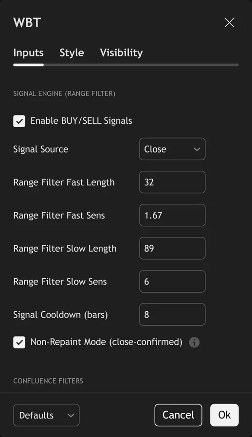 range filter indicator TradingView - Wolf Blackout Trader settings panel on TradingView