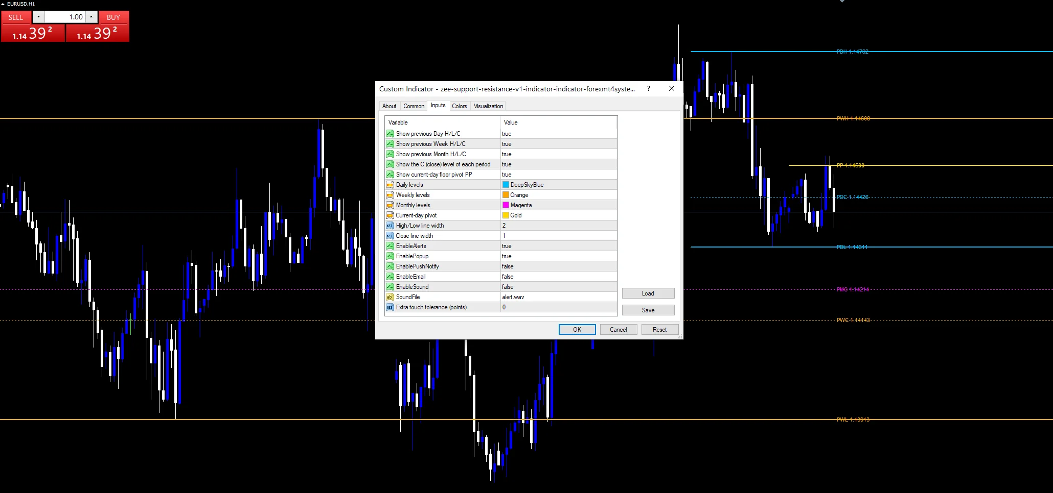 Zee Support Resistance V1 Indicator - indicator inputs and settings panel