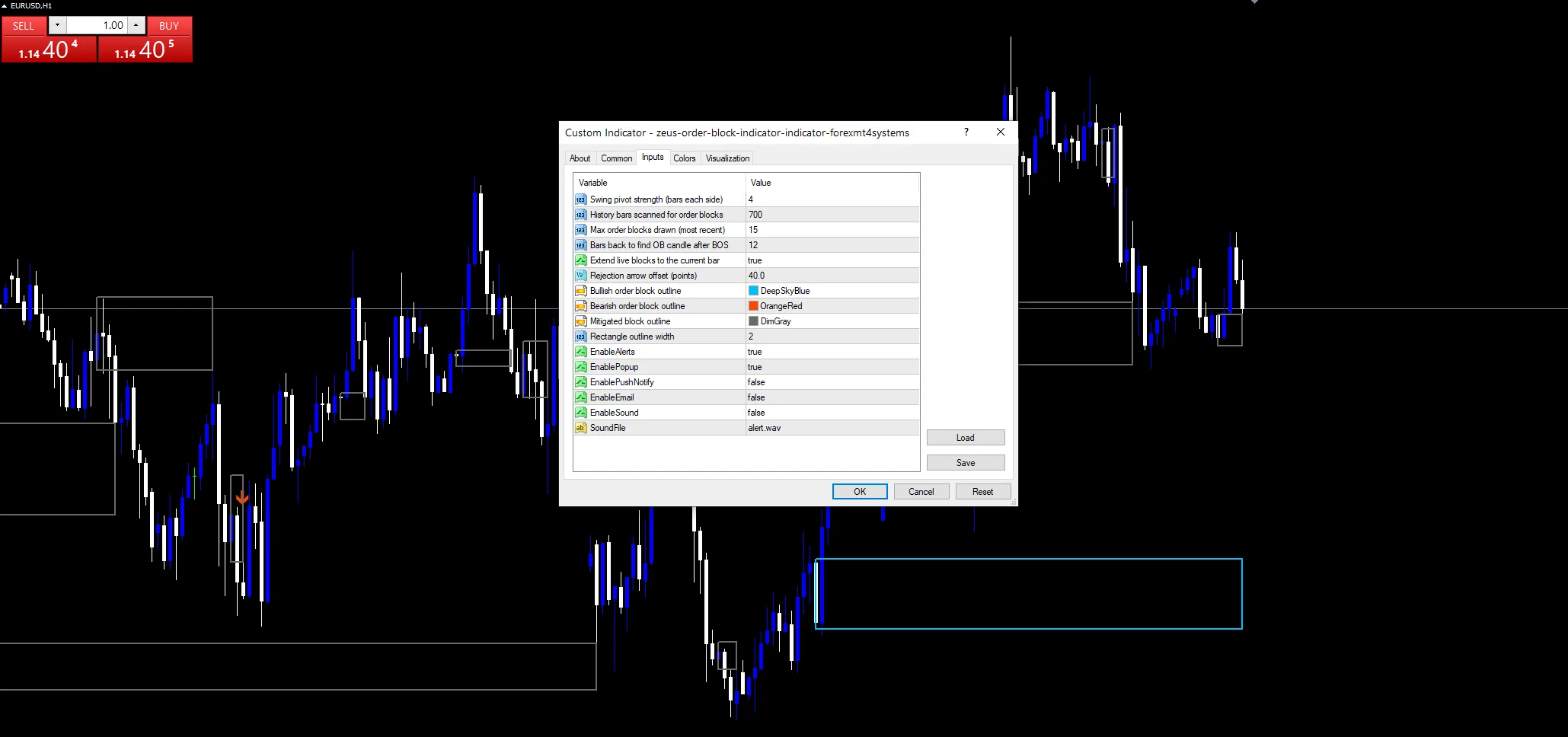 Zeus Order Block Indicator - indicator inputs and settings panel