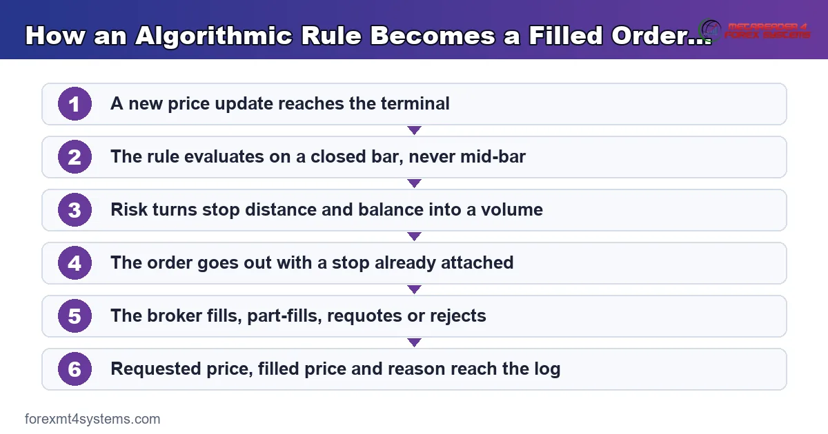flow diagram of how an algorithmic rule becomes a filled order, from price update to the written log