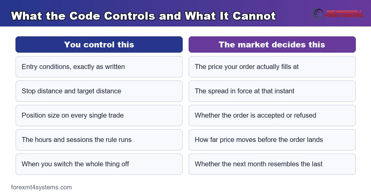comparison panel showing what the code controls and what it cannot, from entry logic to broker fills