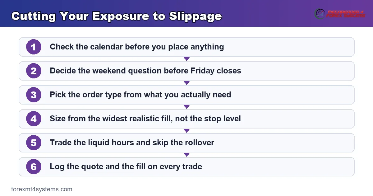 flow diagram on cutting your exposure to slippage, from checking the calendar through to logging fills