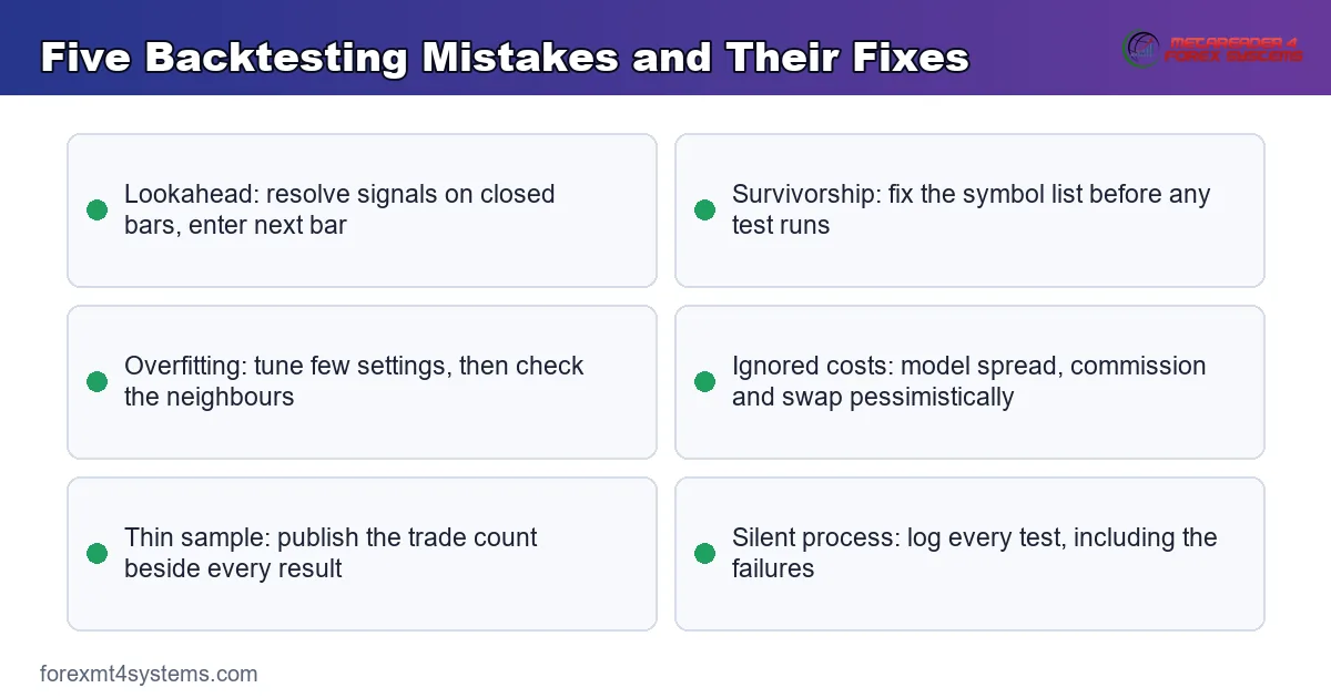 keypoints diagram pairing five backtesting mistakes with the fix that removes each one