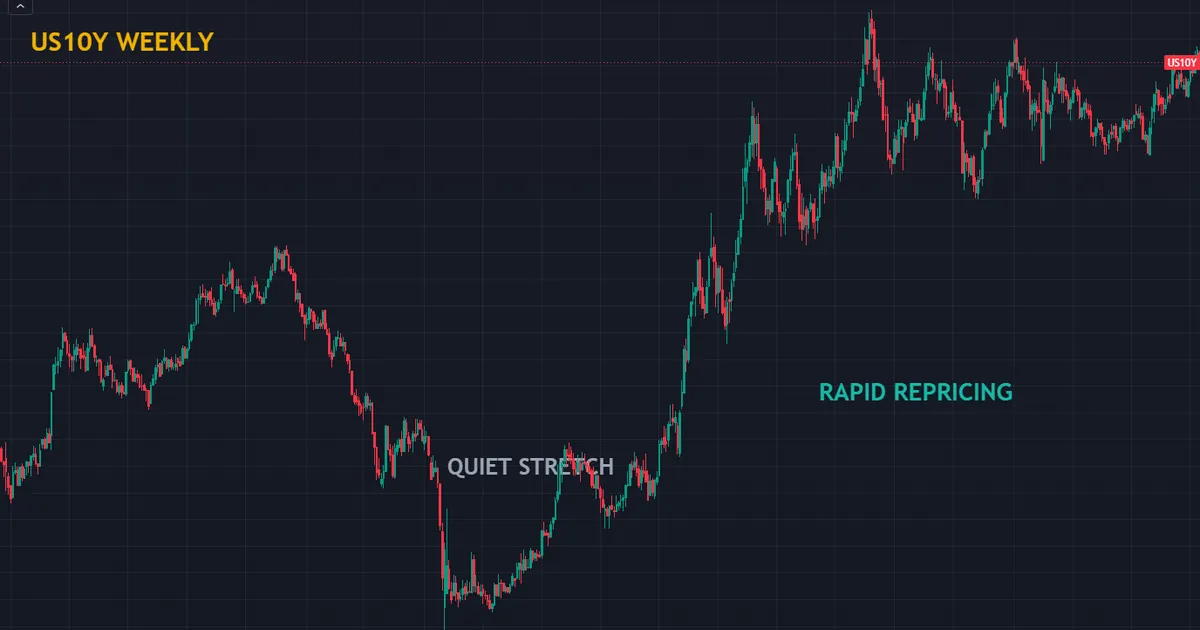 US ten-year yield on a weekly chart showing quiet multi-year stretches broken by rapid repricings