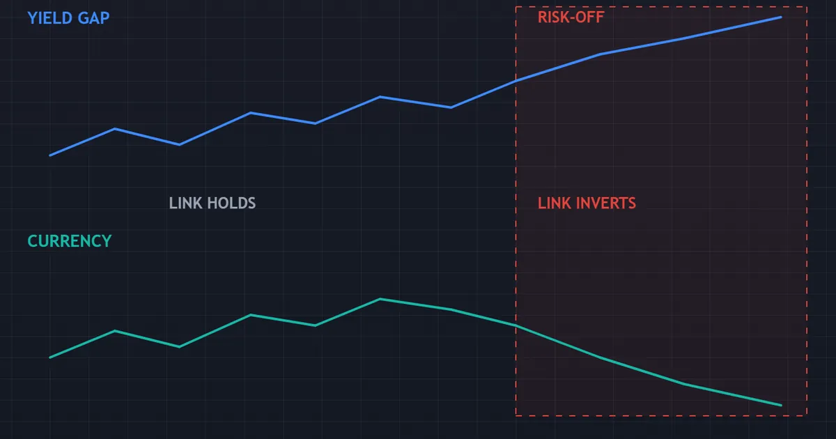 concept panel showing a yield differential track beside a currency track, marked where the link breaks