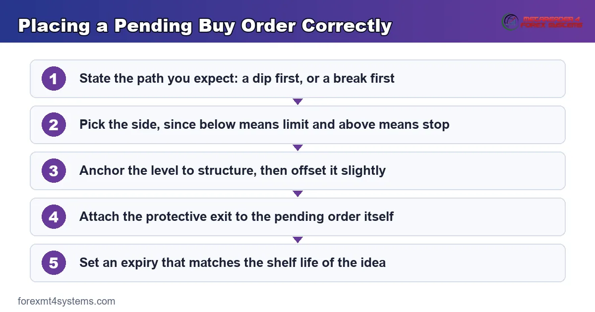 flow diagram for placing a pending buy order correctly, from level choice through to expiry