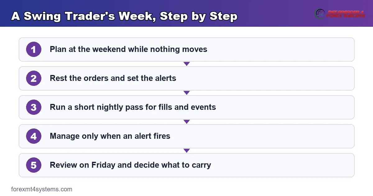 flow diagram of a swing trader's week, from weekend planning to the Friday review