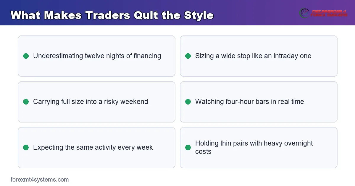 key points graphic listing what makes traders quit the swing style, from financing to weekend size