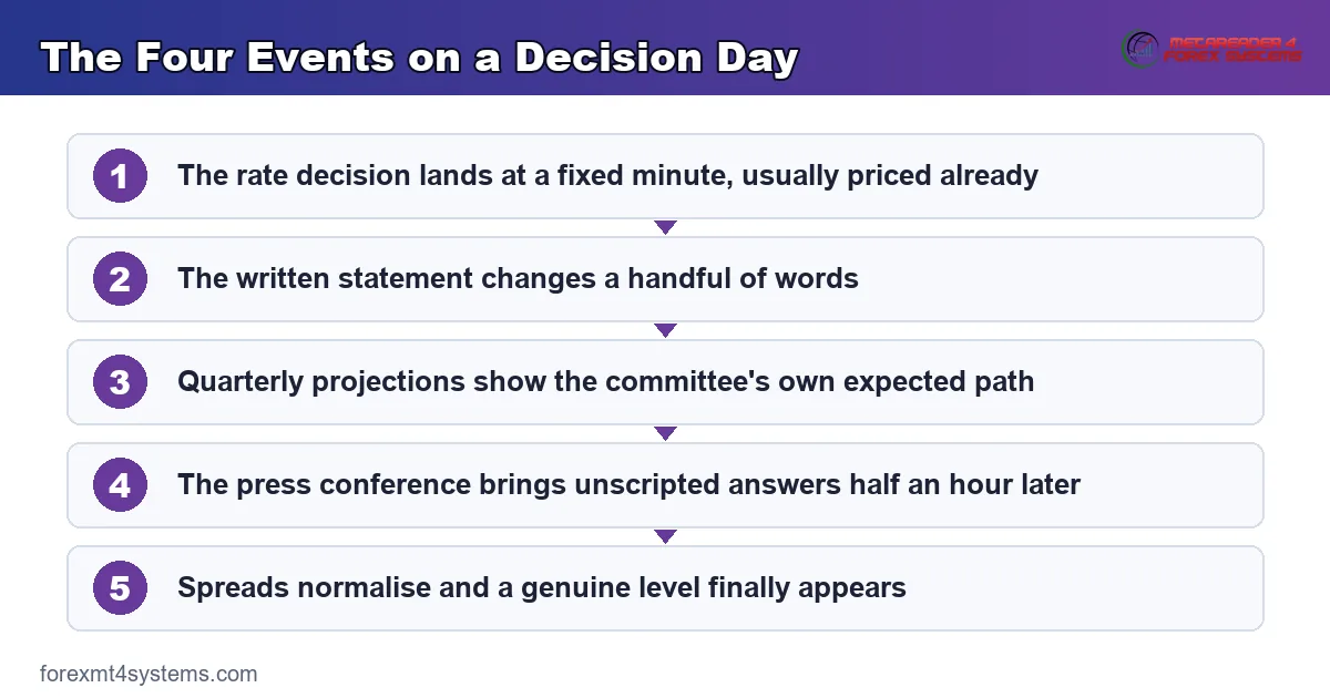 flow diagram showing the four events that make up a single central bank decision day