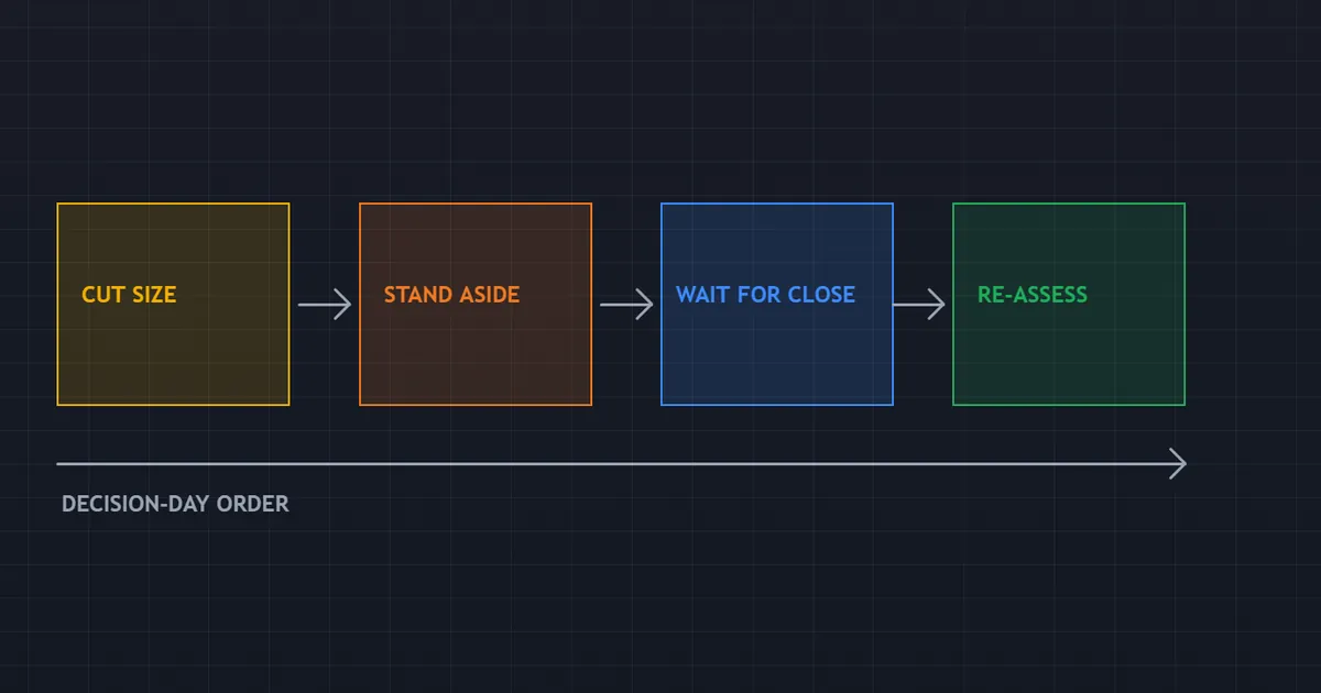 concept panel setting out the decision-day routine in order, from cutting size to re-assessing