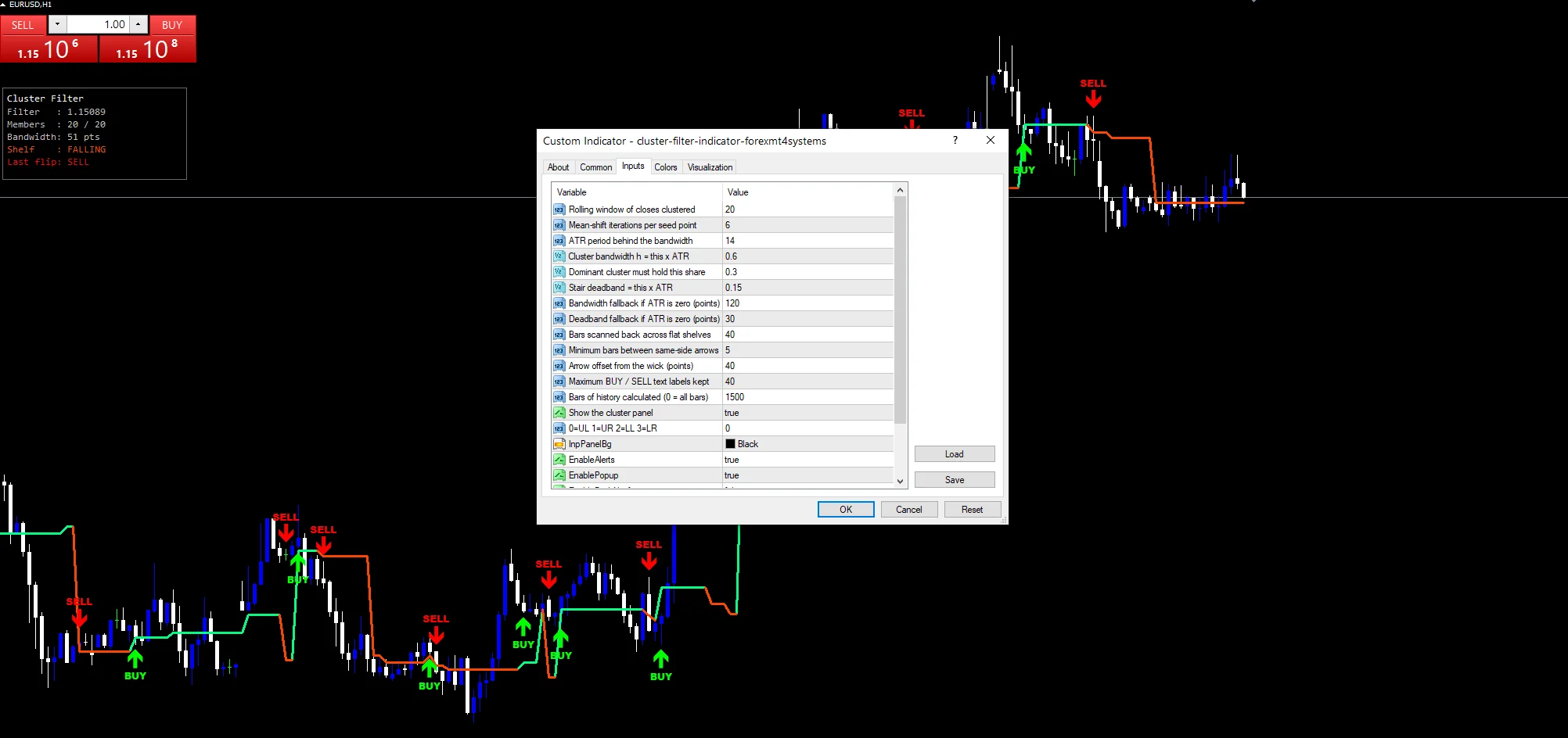 Cluster Filter Free Downoad - indicator inputs and settings panel