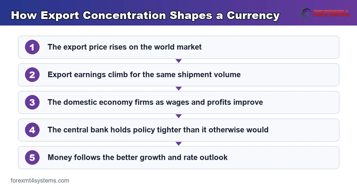 flow diagram showing how export concentration shapes a currency through income and rate expectations