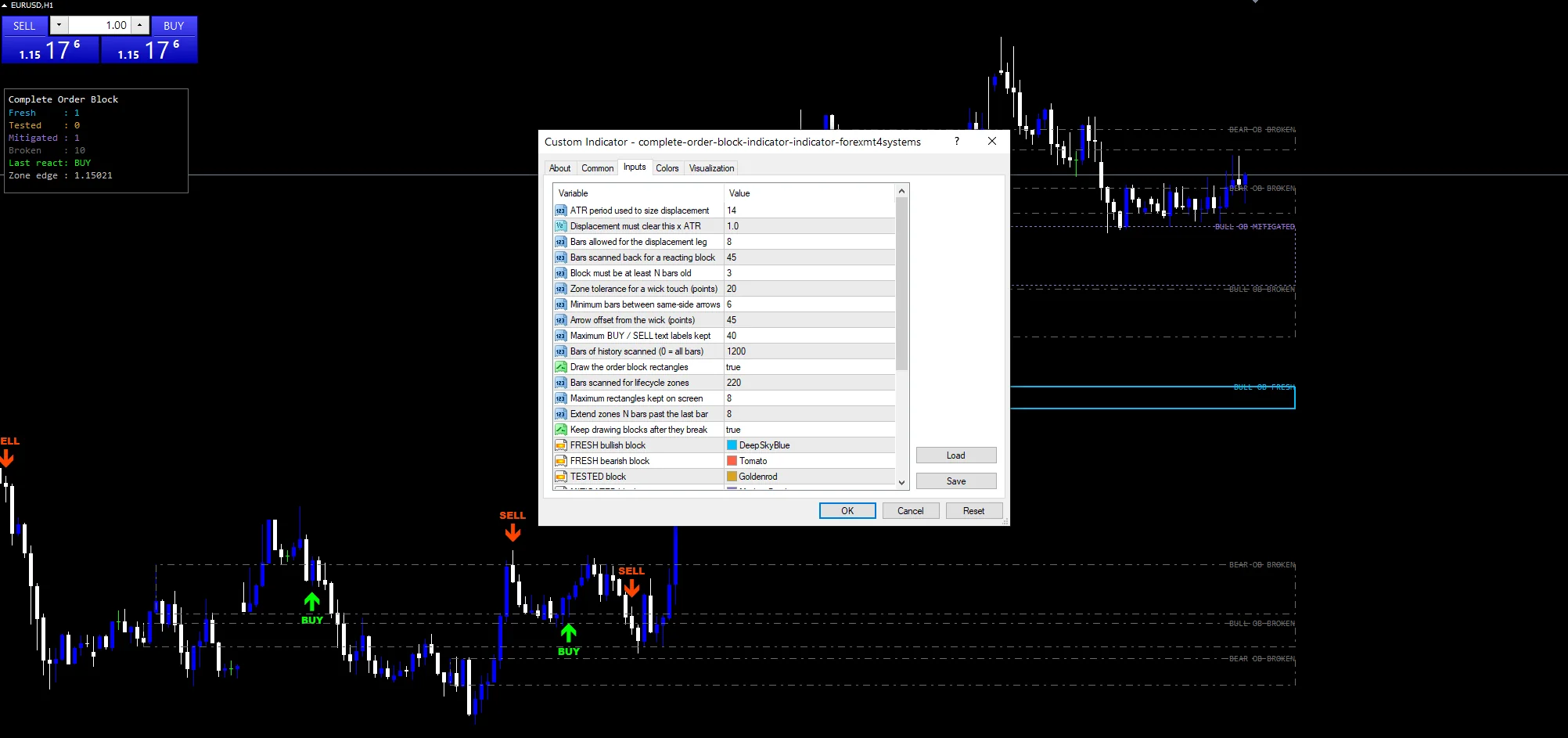 Complete Order Block Indicator - indicator inputs and settings panel
