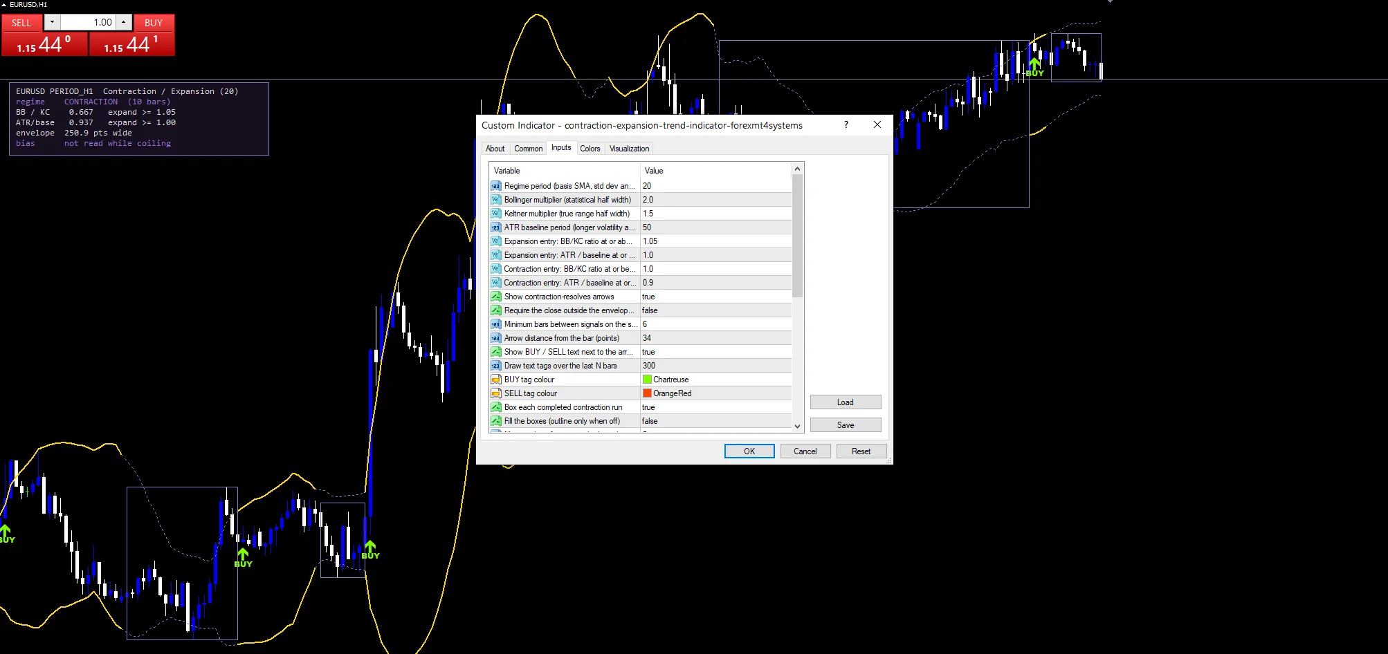 Contraction Expansion Trend Indicator - indicator inputs and settings panel