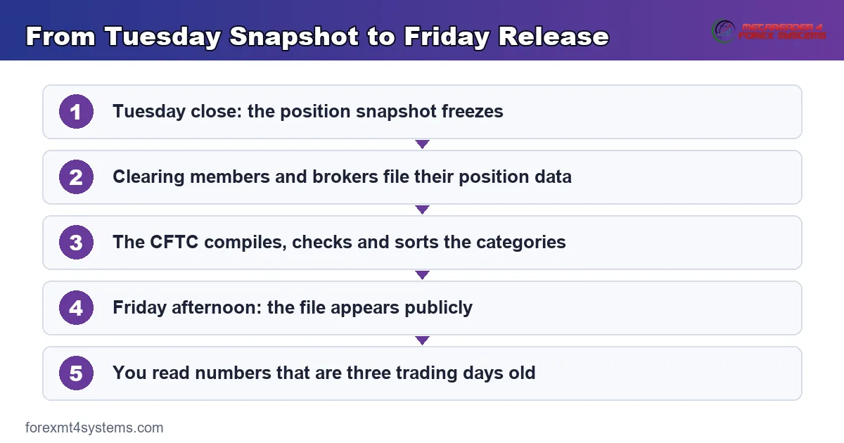 flow diagram tracing a positioning file from the Tuesday snapshot through to the Friday release