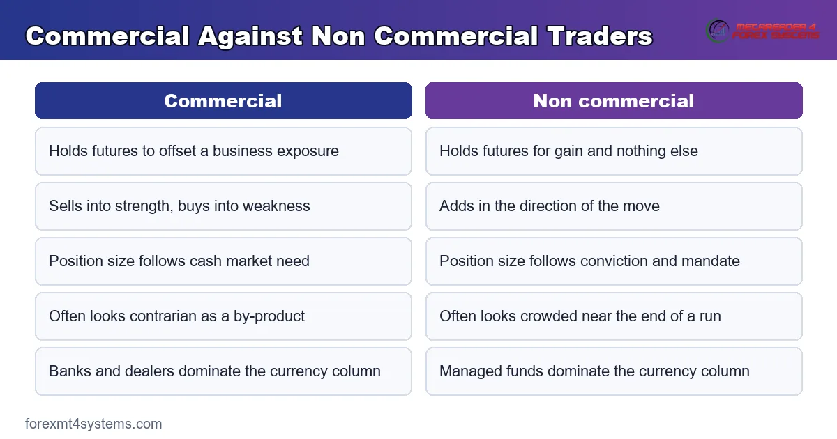comparison panel setting commercial hedgers against non commercial speculators on motive and timing