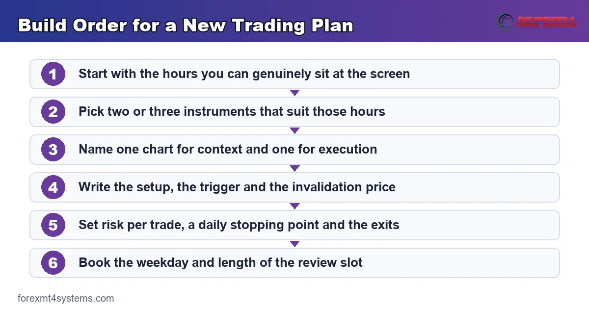 flow diagram showing the build order for a new trading plan, working from calendar out to review