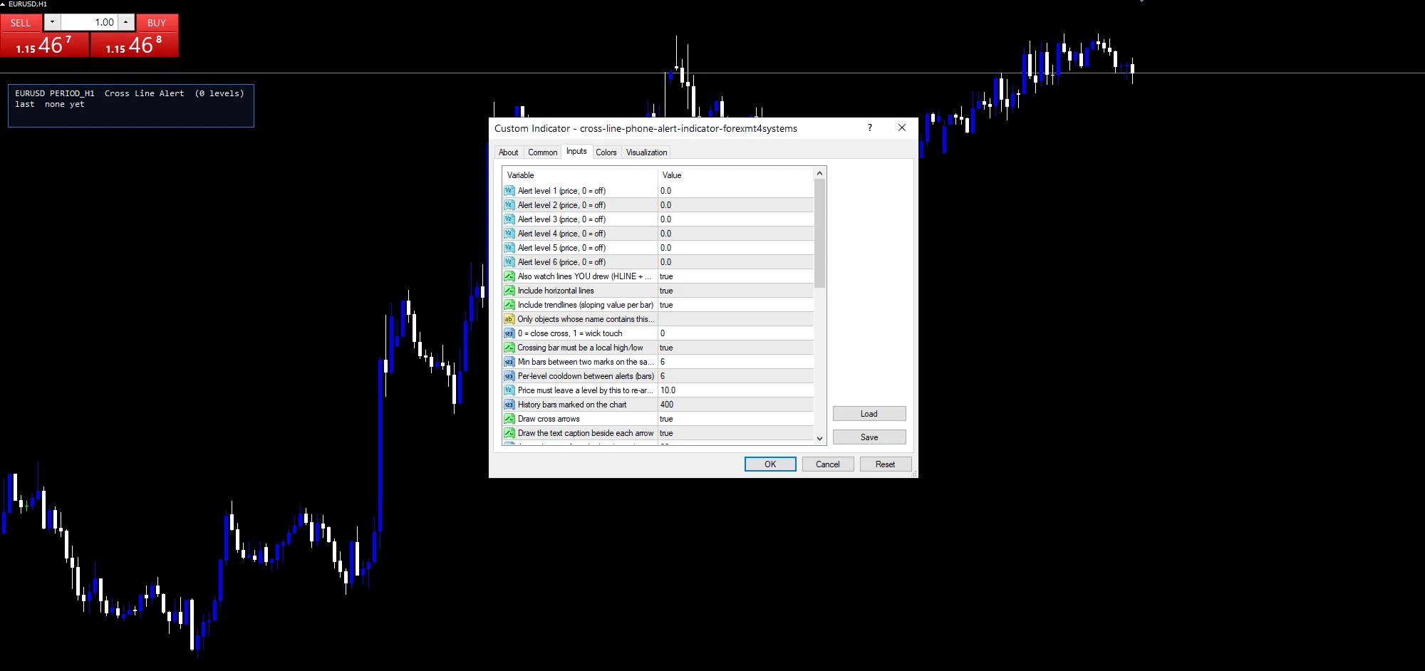 Cross Line Phone Alert Indicator - indicator inputs and settings panel