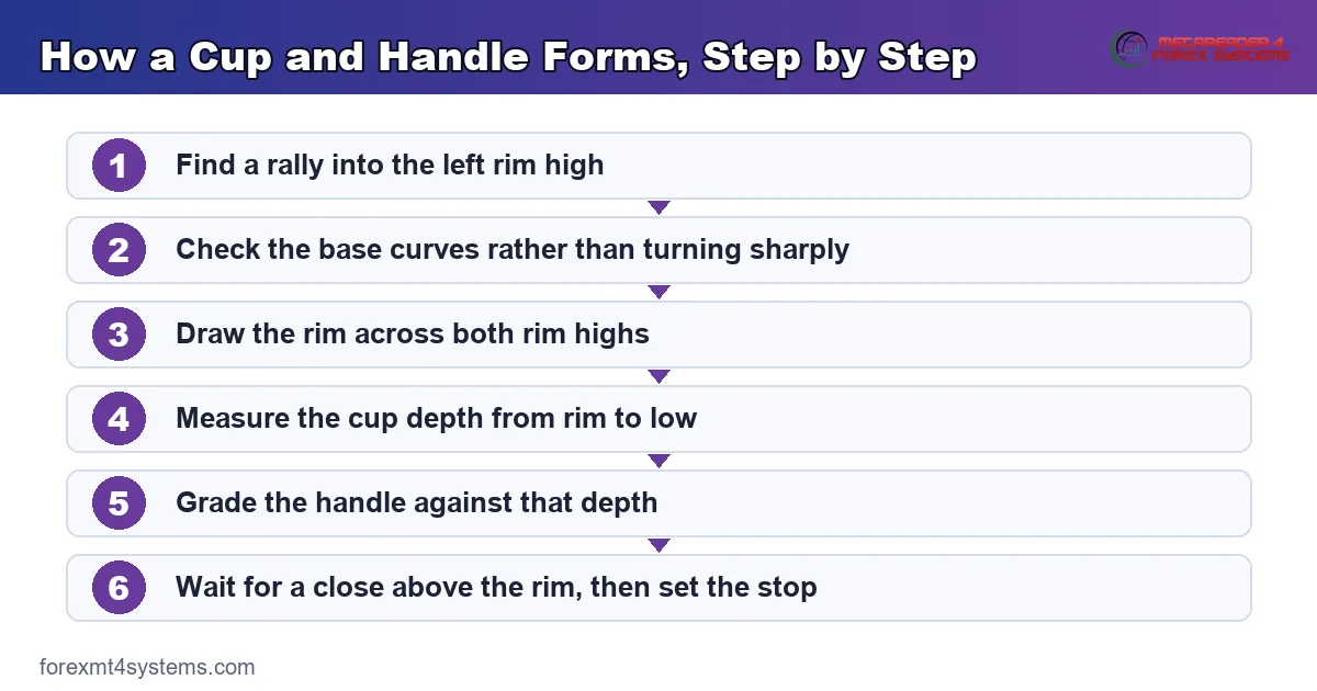 flow diagram of how a cup and handle forms in order, from the prior advance to the close above the rim