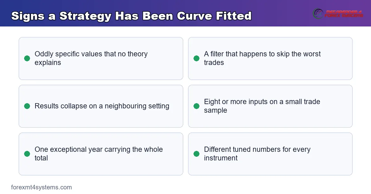 keypoints diagram listing signs that a strategy has been curve fitted to past data