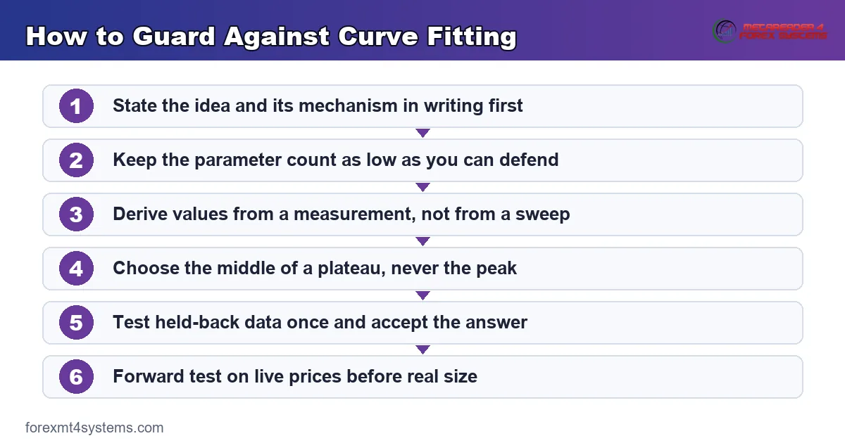 flow diagram showing how to guard against curve fitting, from a written rule to a forward test