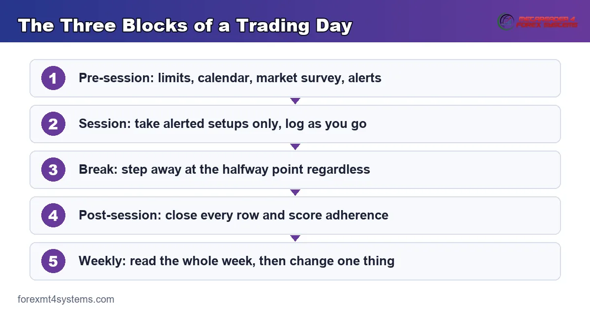 flow diagram of the three blocks of a trading day, from preparation through to the weekly read