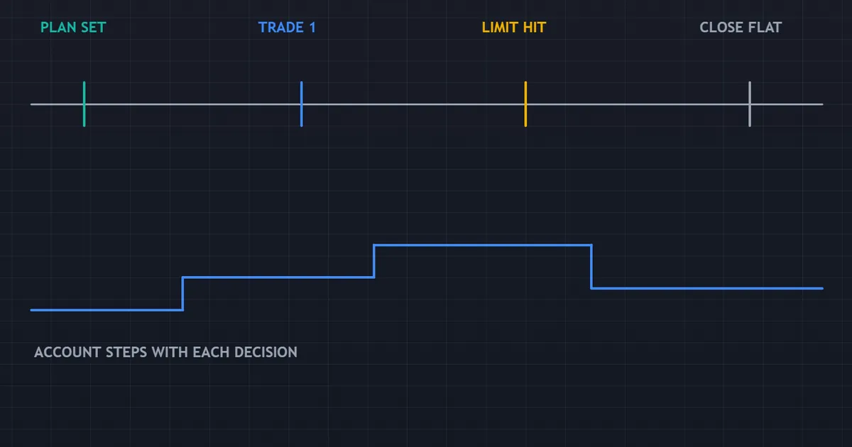 concept panel marking the decision points across one trading session, from plan to close