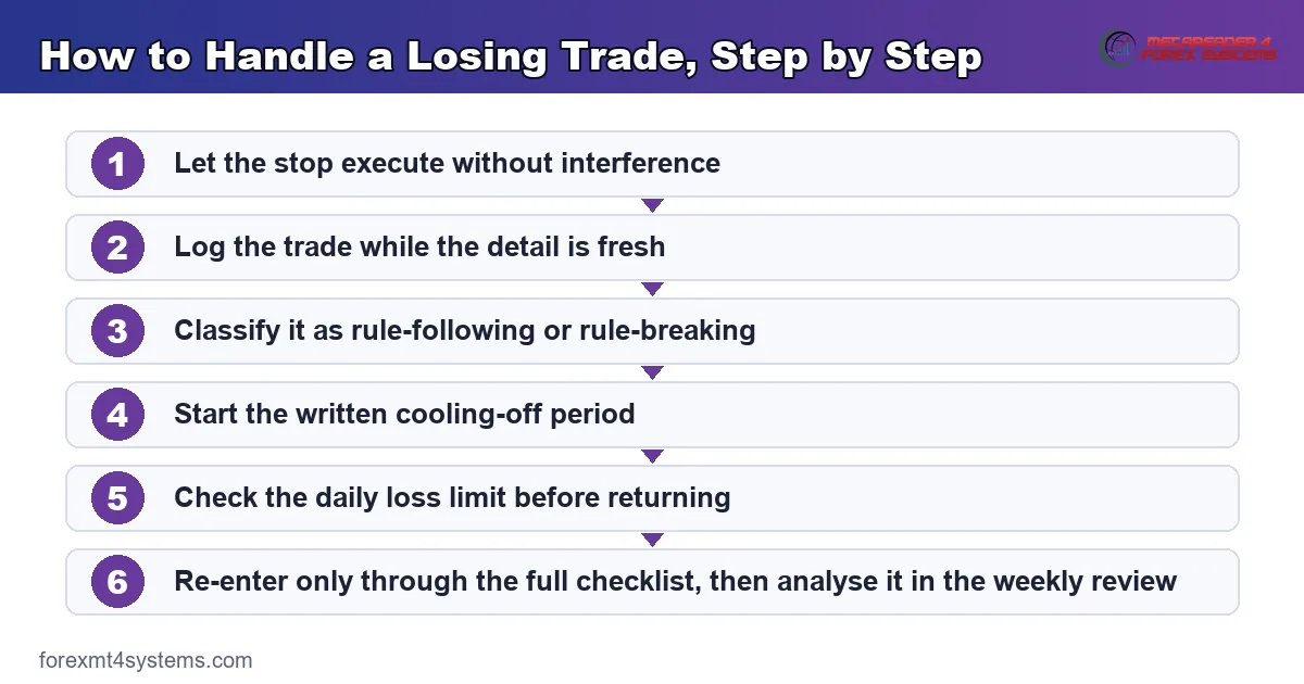 flow for handling a losing trade, from the stop executing to the scheduled review