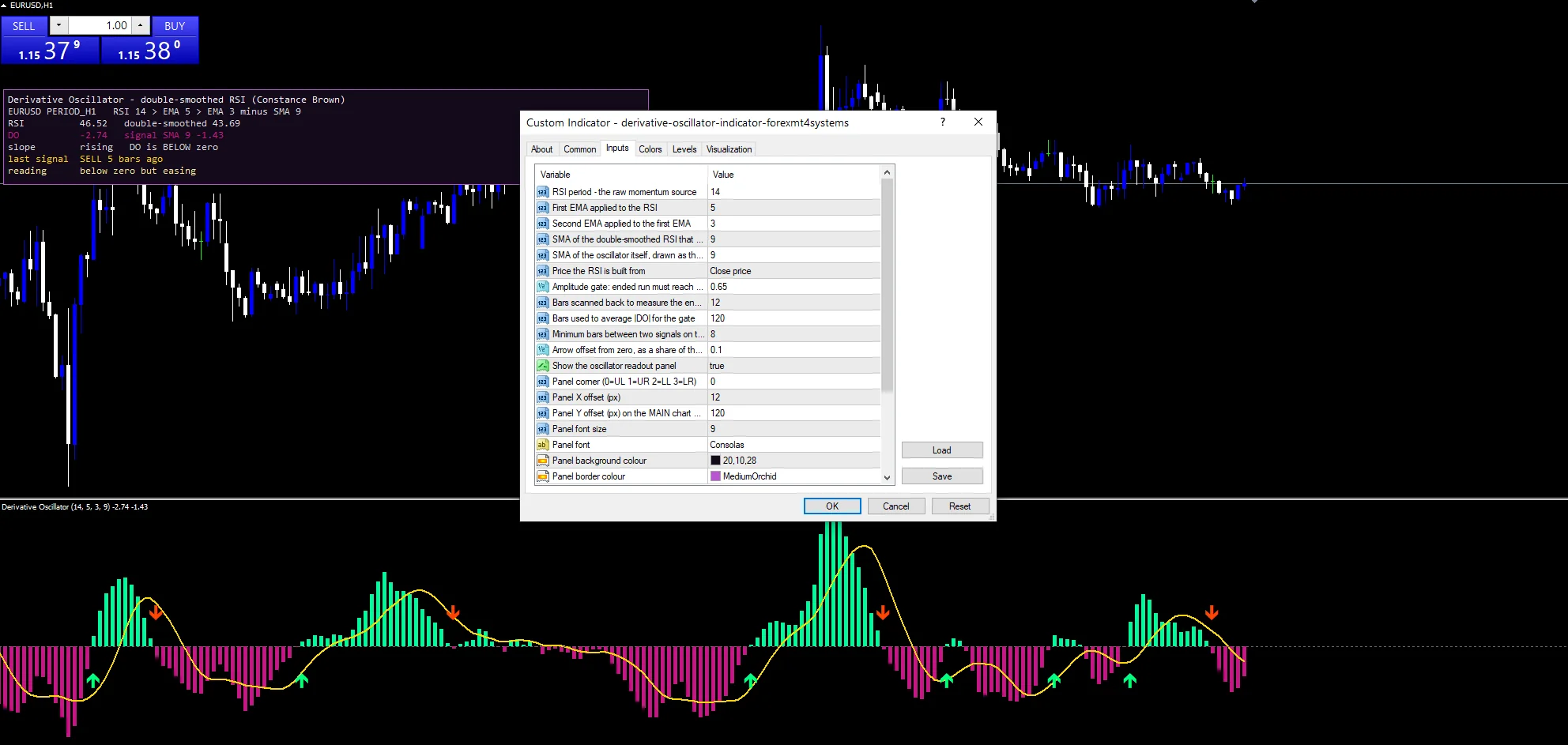 Derivative Oscillator Indicator - indicator inputs and settings panel