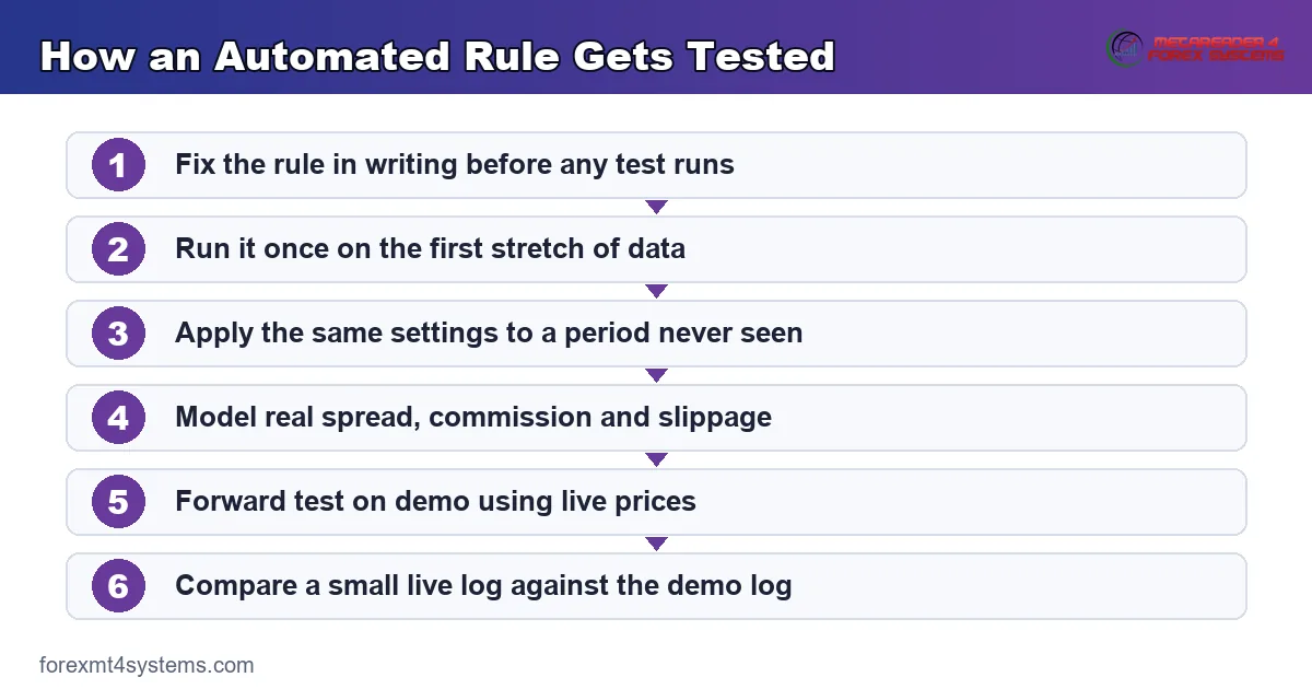 flow diagram showing how an automated rule gets tested, from written rule through to small live size