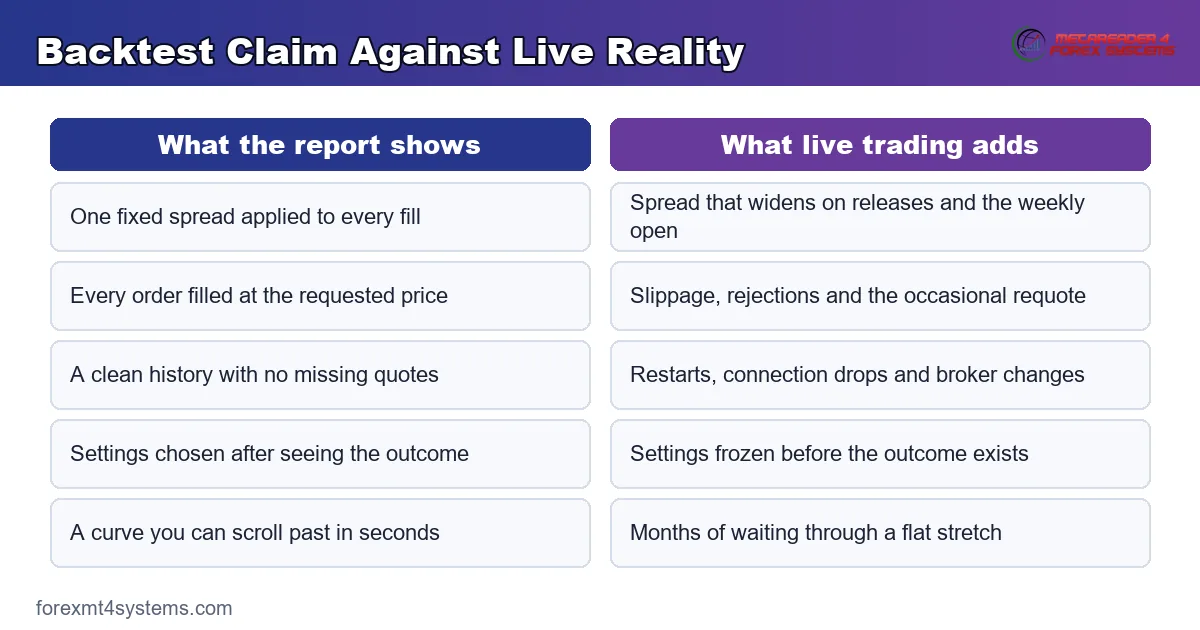 comparison panel setting a backtest claim against live reality, from spread and fills to waiting time