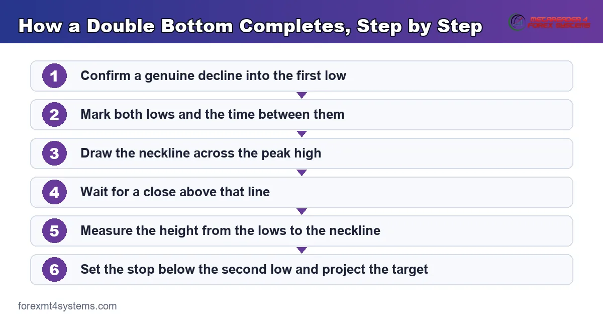 flow diagram of how a double bottom completes in order, from prior decline to stop and target