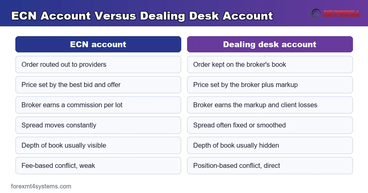 comparison panel setting an ECN account against a dealing desk account across routing, pricing and depth
