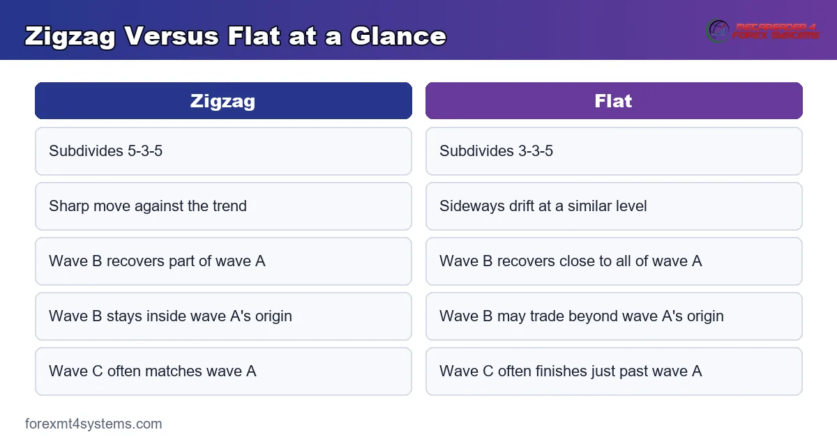 comparison panel setting the zigzag against the flat by subdivision, B-leg depth and character